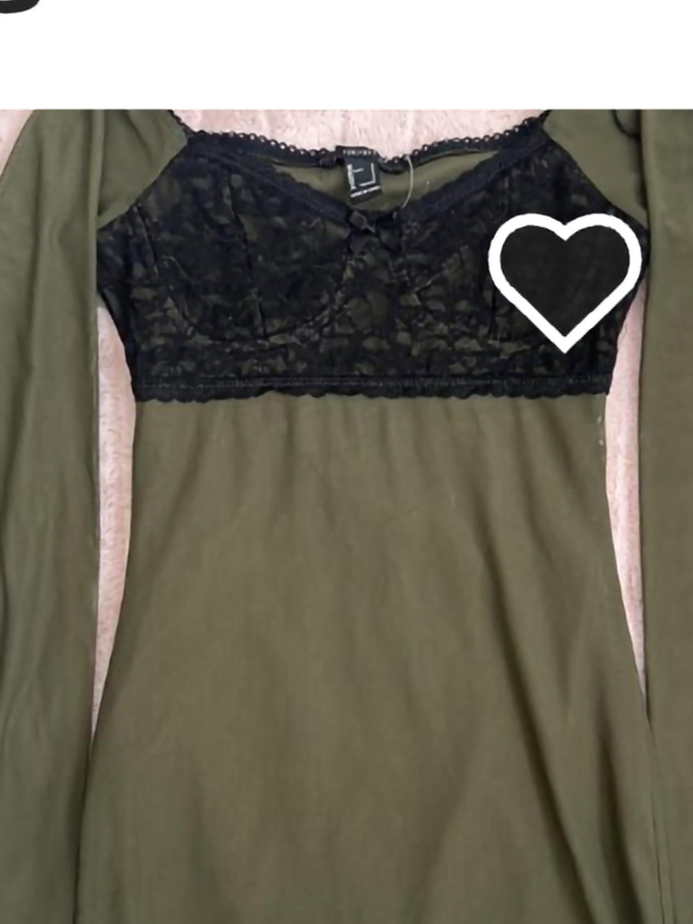 Forever 21 Olive Green Long-Sleeve Nightdress with Black Lace Bodice